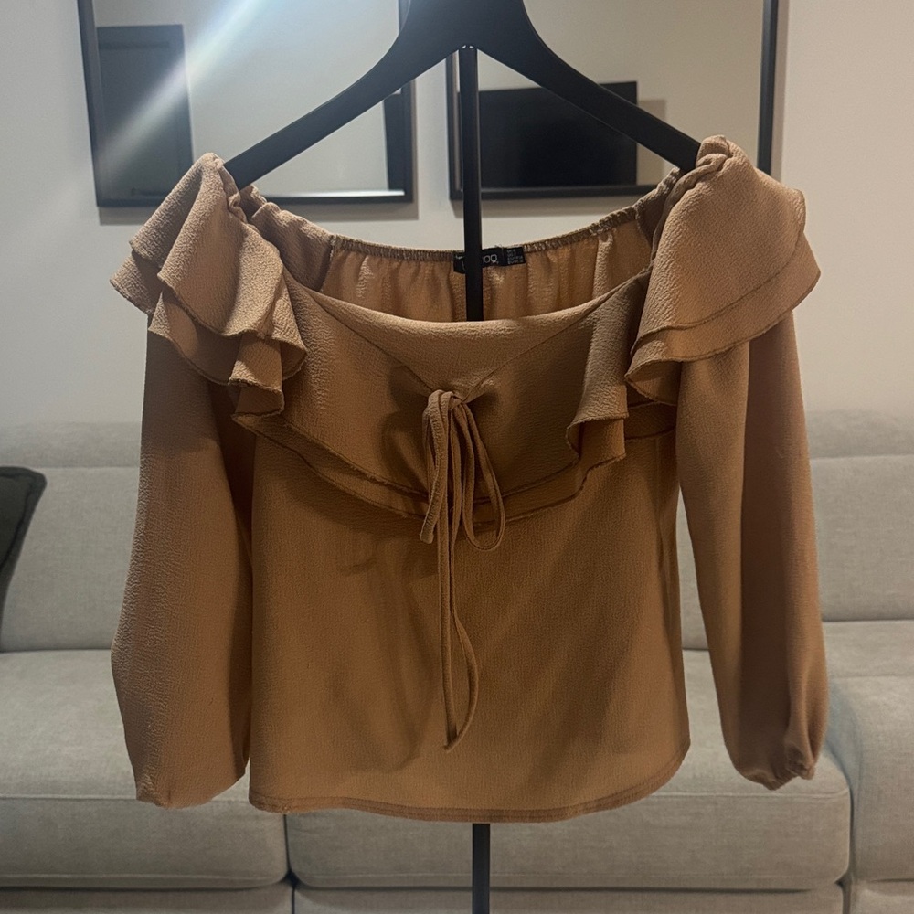 Boohoo Tan Ruffle Off-Shoulder Blouse